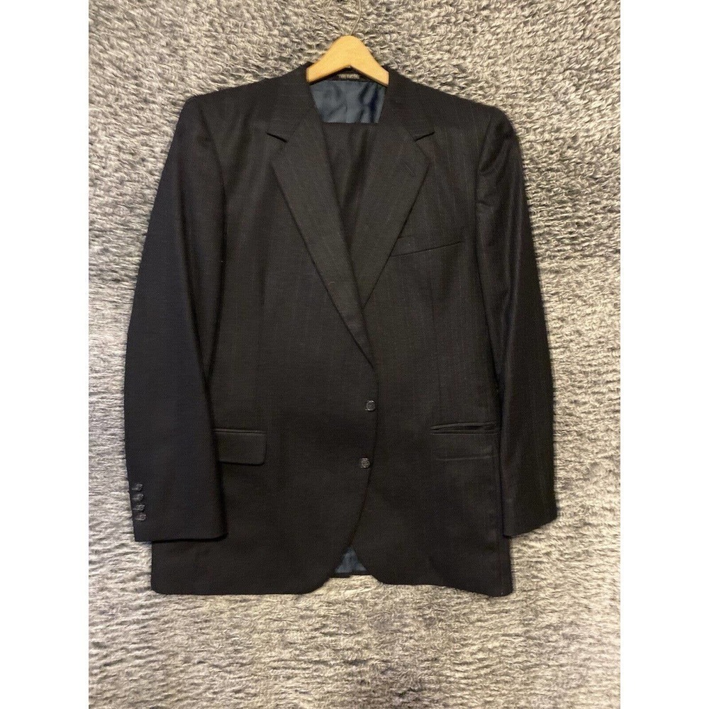 VTG John Alexander Suit Black Striped 100% Wool Jacket Pants 46L 36x30